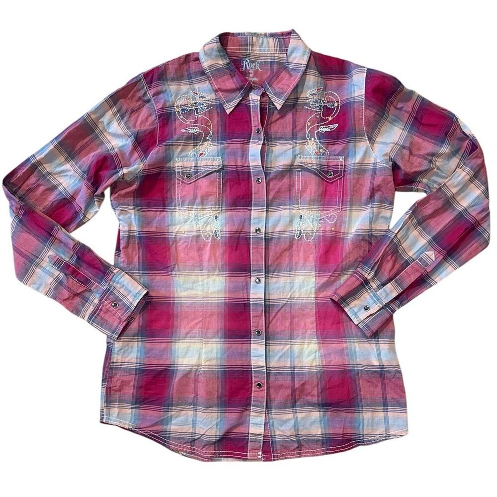 Wrangler Rock 47 Shirt Large Pearl Snap Button Down Rhinestone L/S Plaid‎ Pink